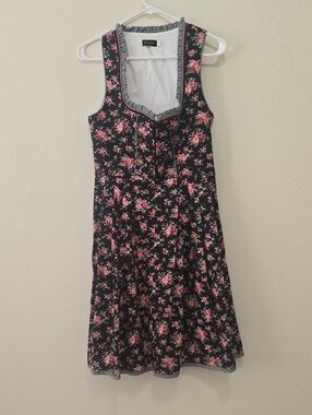 GloryStar Vintage-Inspired Black Midi Dress with Pink Floral Print